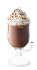 Wall Mural - hot cocoa with whipped cream and grated chocolate in glass cup isolated on white