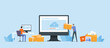 Business Flat vector design technology file upload backup on cloud server concept. Business team working with computer monitor. Illustration cartoon character design 
