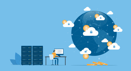 Aufkleber - Business Flat vector design technology cloud mining network connection server concept. Business team people working. Illustration cartoon character design