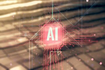Aufkleber - Creative artificial Intelligence symbol hologram on abstract metal background. Double exposure