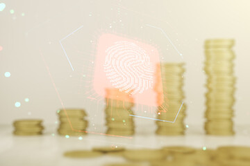Aufkleber - Double exposure of virtual creative fingerprint hologram on growing stacks of coins background, research and development concept