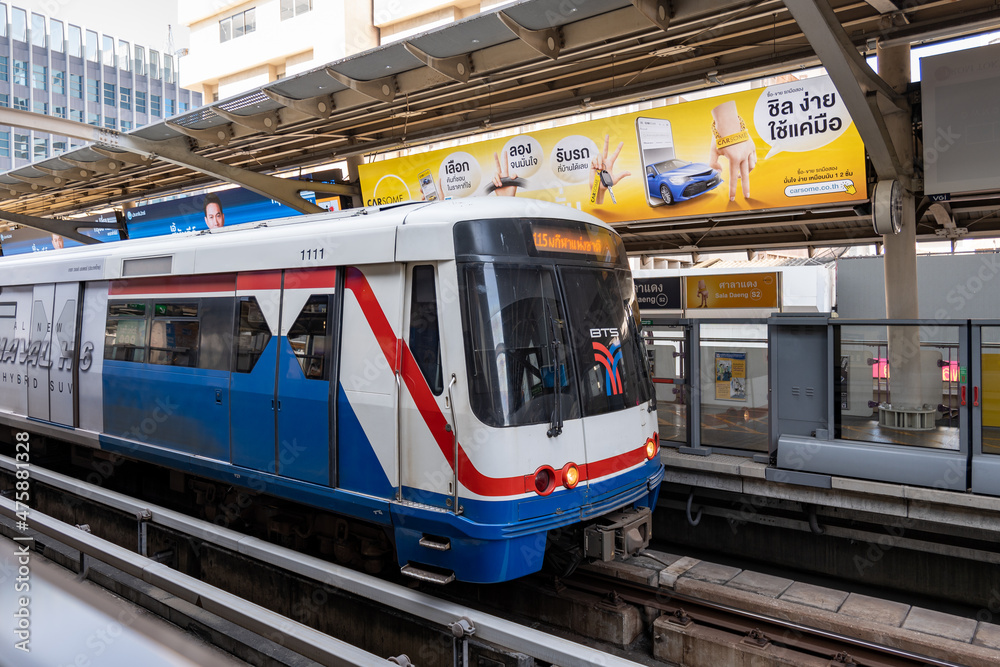 Bangkok, Thailand - December 2021: BTS Skytrain at platform. BTS is ...