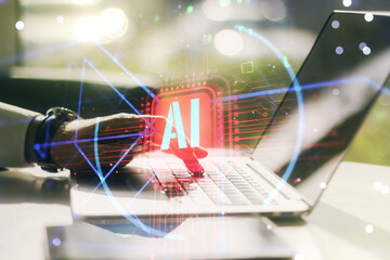 Poster - Double exposure of creative artificial Intelligence abbreviation with hand typing on computer keyboard on background. Future technology and AI concept