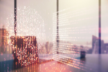 Poster - Creative code skull sketch and modern desk with computer on background, theft of personal data and malware concept. Multiexposure