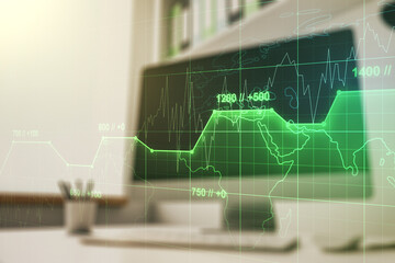 Poster - Abstract creative stats data concept and modern desktop with computer on background. Multiexposure