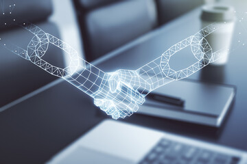 Poster - Creative concept of blockchain technology with handshake on modern laptop background. digital money transfers and decentralization concept. Multiexposure