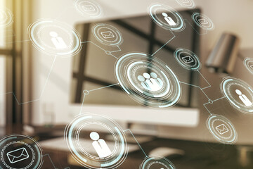 Poster - Social network media concept with modern computer on background. Double exposure