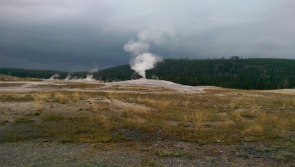 Wall Mural - Old Faithful erupting under stormy skies, Yellowstone National Park, Wyoming