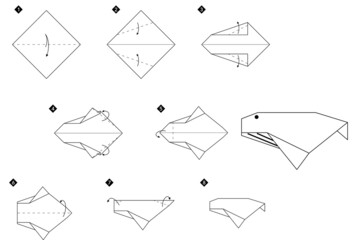 Aufkleber - Step by step instructions how to make origami whale. Simple monochrome black line DIY tutorial isolated on white.
