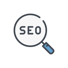 Poster - Magnifier glass with SEO color line icon. SEO search vector outline colorful sign.