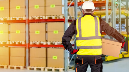 Poster - Warehouse worker back. Man with box is in warehouse. Adult with cardboard box. Logistics center employee. Warehouse company specialist. Concept - career in logistics center. Selective vocus.