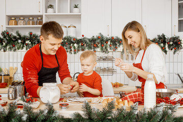 Young joyful family cutting christmas cookies from raw dough with shape cutter in the kitchen