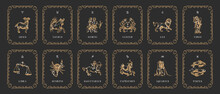 Vintage Horoscope Cards. Zodiac Symbols In Vector.