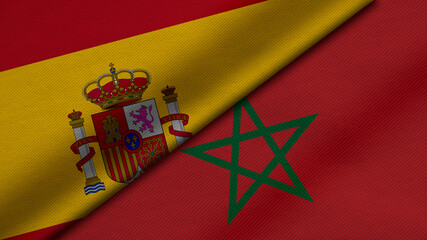 Wall Mural - 3D rendering of two flags of Kingdom of Spain and Kingdom of Morocco together with fabric texture, bilateral relations, peace and conflict between countries, great for background