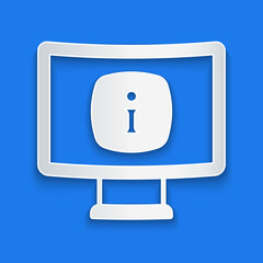 Poster - Paper cut Monitor with information icon isolated on blue background. Paper art style. Vector