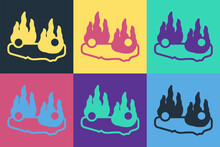 Pop Art Burning Car Icon Isolated On Color Background. Car On Fire. Broken Auto Covered With Fire And Smoke. Vector