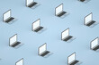 © DMegias - Mockup set of many open laptop on blue background. Isometric view. 3d render