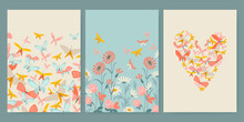 Set Of Vector Illustrations For Valentine's Day With Butterflies And Wildflowers