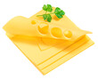 Cheese isolated. Edam cheese slices on white background, top view.