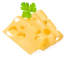 Cheese With Hole  Isolated. Cheese Slices On White Background, Top View.