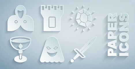 Wall Mural - Set Ghost, Magic stone, Medieval goblet, Dagger, Castle tower and Mantle, cloak, cape icon. Vector