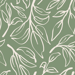 Wall Mural - Herbs outlined seamless repeat pattern. Random placed, vector botany leaves all over surface print on jade green background.