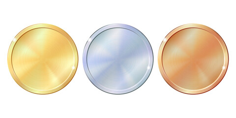 Set of gold, silver and bronze round empty medals.