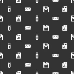 Poster - Set Floppy disk, Document with graph chart, USB flash drive and Mail and e-mail on seamless pattern. Vector
