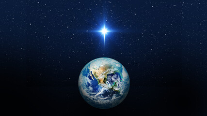 Bright star over planet earth. Christmas star of the Nativity of Bethlehem, Nativity of Jesus Christ. Elements of this image furnished by NASA