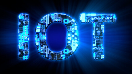 Poster - IOT shining blue digital cyber text, isolated - industrial 3D illustration