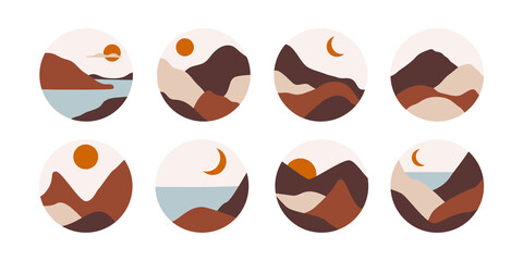 Poster - Vector abstract landscapes set. Modern nature shapes for social media highlight covers with desert sun moon mountains. 