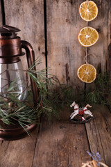 Sticker - Christmas decorations and coniferous branches on wooden background