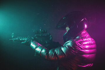 Wall Mural - A cyberpunk motorbiker with the rifle concept.