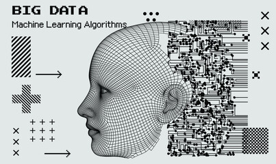 Aufkleber - 3D low poly wireframe model of a human head with pixel artifacts. Conceptual image of AI (artificial intelligence), VR (virtual reality), Deep Learning and Face recognition systems.
