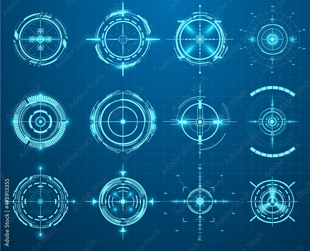 Futuristic optical military aims. Gun targets, focus range indicators. Crosshair game collimator, future targets focus. Sniper aim pointer. UI, HUD technology aiming, weapon military futuristic sight.
