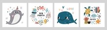 Sea World Cards. Ocean Animals, Fishes And Seaweed Compositions, Underwater Life, Cute Marine Inhabitant, Funny Fauna And Flora, Childish Marine Print, Vector Cartoon Flat Style Isolated Set
