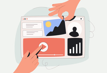Fototapete - Landing page, programming, research concept. Hands of workers working on website or application, ui ux design and programming as team of designers vector illustration. Development app, coding, startup