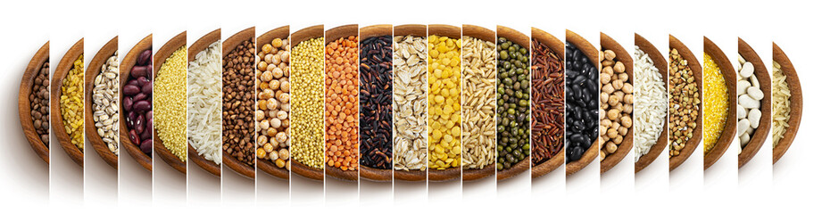 Wall Mural - Food collage. Cereals, grains and seeds, top view