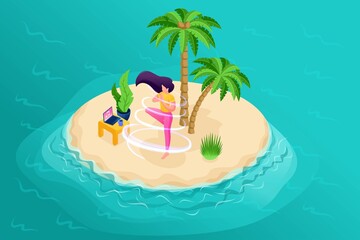 Poster - 3d isometry, girl meditating on the beach, meditate wherever you want, laptop with music for meditat