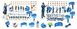 Isometric business lady and businessman with gadgets. Create your character, a set of emotions, gestures of hands, feet, hairstyles. Set 4