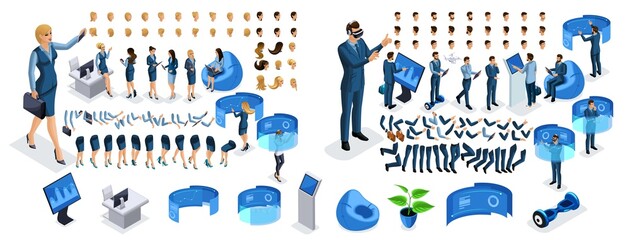 Poster - isometric business lady and businessman with gadgets. create your character, a set of emotions, gest