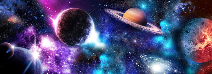 Space scene with planets, stars and galaxies. Panorama. Horizontal view.