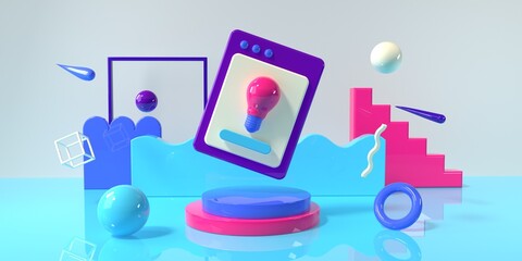 Poster - Lightbulb screen and geometric shapes - 3D render