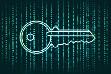 Poster - Abstract digital key on dark coding language background. Technology and web access concept. 3D Rendering.