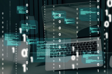 Leinwandbilder - Close up of laptop computer with abstract coding binary code hologram. Artificial intelligence and development concept. Double exposure.