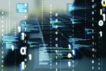 Leinwandbilder - Close up of desktop with laptop and abstract coding binary code hologram on blurry background. Artificial intelligence and development concept. Double exposure.