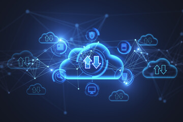 Poster - Abstract glowing blue cloud computing hologram with download/upload arrows on blurry background. Database, technology and future concept. 3D Rendering.