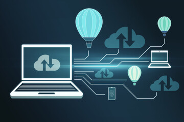 Poster - Abstract laptop with various icons and digital cloud computing interface on dark background. Database and technology concept. 3D Rendering.