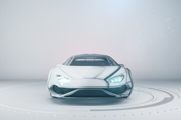 Aufkleber - Creative wireframe sports car on white background with mock up place on wall. Racing and design concept. 3D Rendering.