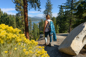 Wall Mural - Sporty female with a backpack standing in the forest looking at the blue lake under a clear sky